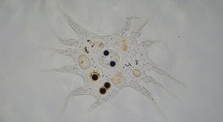 Amoeba proteus under microscope with visible nucleus and food vacuoles