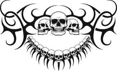 Skull tribal tattoo design with gothic art style, horror skull illustration, dark vector pattern for tattoo, print, and decoration design