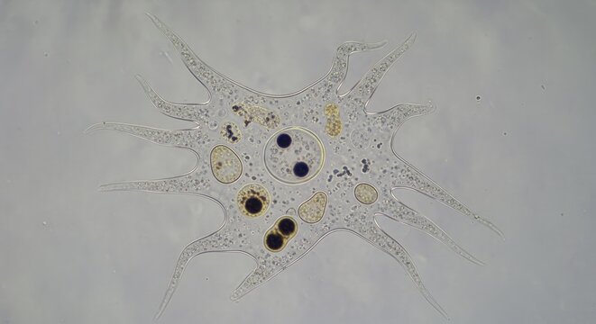 Amoeba proteus under microscope with visible nucleus and food vacuoles