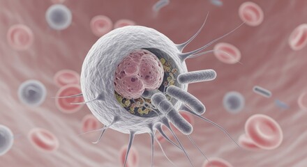 White blood cell engulfing bacteria surrounded by red blood cells