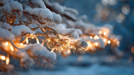 Illuminated string lights decorate snowy evergreen branches outdoors during winter dusk
