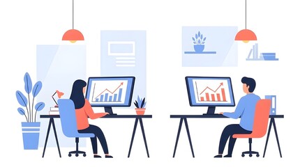 Two people working at computers with charts on the screens in an office.