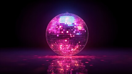 Illuminated mirrored sphere reflects vibrant neon light upon a dark reflective surface