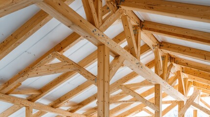 Interior view of unfinished timber frame construction, displaying exposed wooden beams and rafters