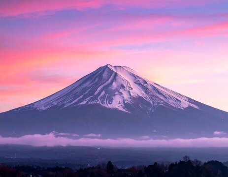 Majestic snow-capped mountain silhouetted against vibrant, colorful twilight skies - Powered by Adobe