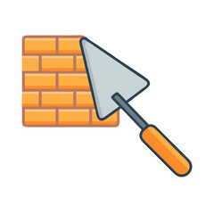 Construction icon depicting brick wall and hand trowel tool