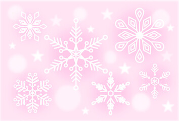 Beautiful White Snow Crystals and Stars  with Pink Gradient Background