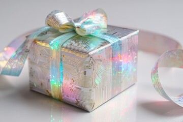 futuristic tech gift box wrapped in light holographic circuit pattern metallic paper and iridescent ribbon on white background. software marketing, gadget store promotion, holiday campaigns for AI, IT