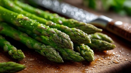 Fresh Green Asparagus Spears with Water Droplets on Wood Board