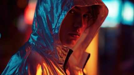 Person in metallic jacket night fashion
