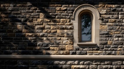 Exterior stone wall texture features a single arched window bathed in contrasting light and shadow.