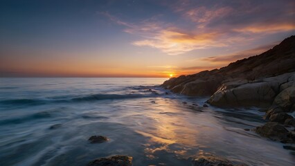 Golden Sunset Reflections on a Rocky Seashore
