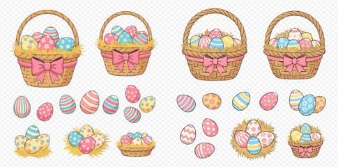 Easter baskets and eggs with colorful designs, arranged in a festive and decorative manner.