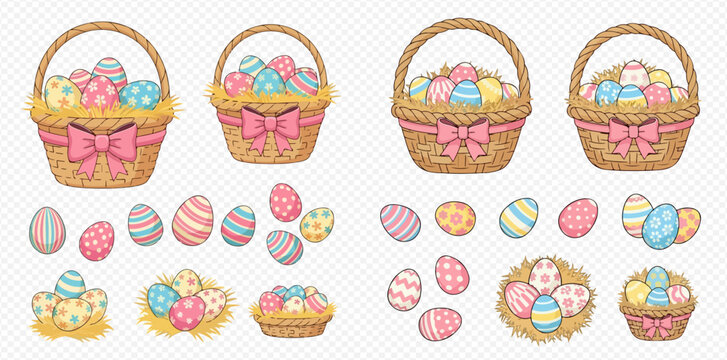 Easter baskets and eggs with colorful designs, arranged in a festive and decorative manner.