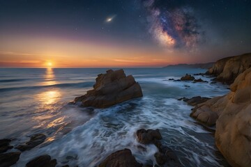Golden Sunset Reflections on a Rocky Seashore
