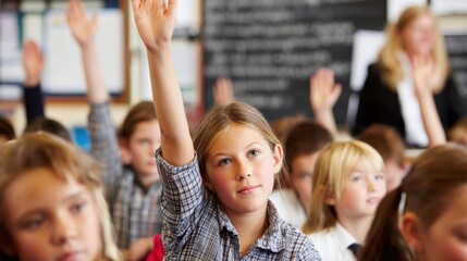Fototapeta premium Engaging classroom learning students raise hands for participation school setting educational environment inside view active learning
