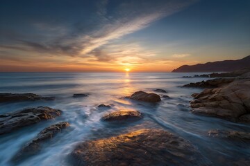 Golden Sunset Reflections on a Rocky Seashore