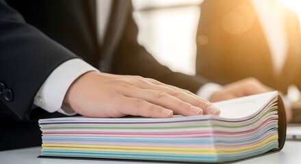 Obraz premium Hand resting on colorful document stack documents papers