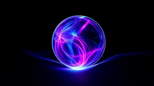 Abstract energy ball with reflection on black background, featuring blue and pink plasma streams inside. Digital glowing orb illustration for technology, science, or futuristic themes.