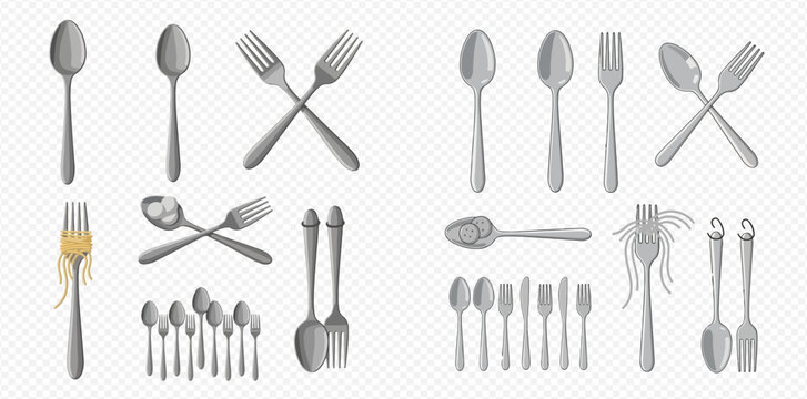 An assortment of silverware including spoons and forks in various arrangements.