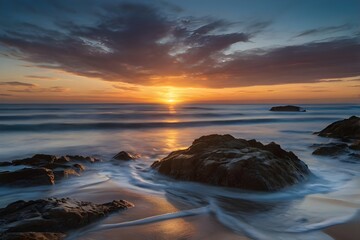 Golden Sunset Reflections on a Rocky Seashore