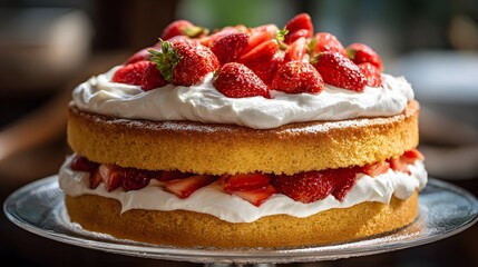 Rich golden sponge layered cake generously topped with fresh cream and whole ripe berries