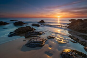 Golden Sunset Reflections on a Rocky Seashore