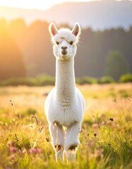 Fototapeta premium Adorable white alpaca standing in field, backlit by warm sunlight