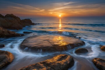 Golden Sunset Reflections on a Rocky Seashore