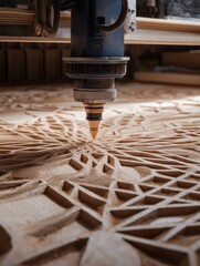 Intricate Wood Carving Process Under Precision Tooling in Artisan Workshop Utilizing Advanced CNC Technology