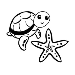 Cute sea turtle and starfish swimming together
