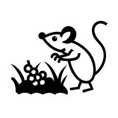 Mouse standing near grapes, looking curious