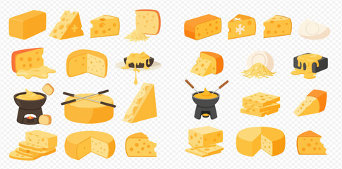A variety of cheese illustrations, including blocks, wedges, and fondue pots.