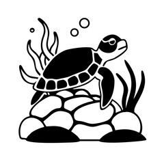 Sea turtle resting on rocks with seaweed