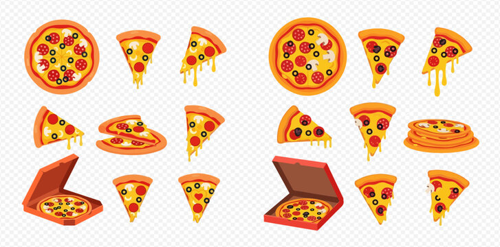 Illustration of whole pizzas, pizza slices, and pizza in boxes.