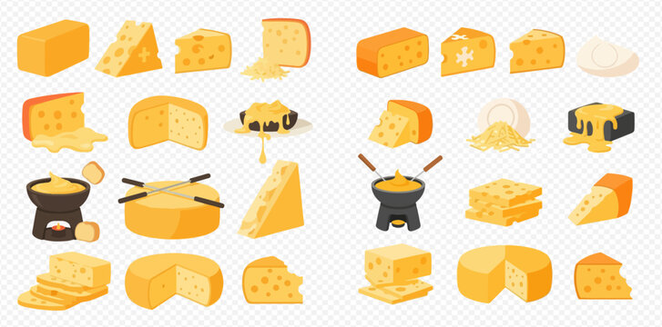 A variety of cheese illustrations, including blocks, wedges, and fondue pots.