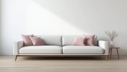 Horizontal interior poster mock-up with fabric sofa and pillows on white wall background. 3D rendering