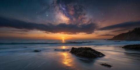 Golden Sunset Reflections on a Rocky Seashore