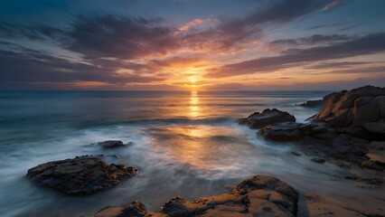 Golden Sunset Reflections on a Rocky Seashore