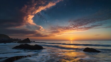 Golden Sunset Reflections on a Rocky Seashore