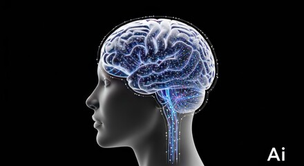 Artificial intelligence brain with glowing particles