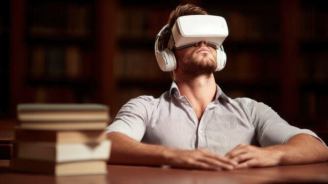 Virtual reality experience library technology learning environment close-up view immersive education concept