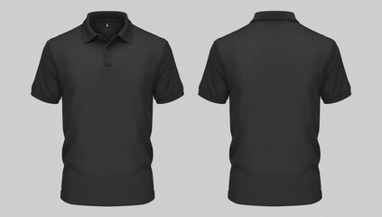 illustration of blank black polo t-shirt template, front and back design isolated on white