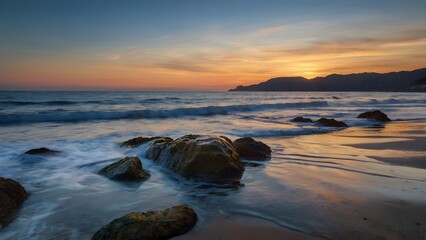 Golden Sunset Reflections on a Rocky Seashore