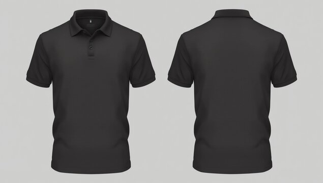 illustration of blank black polo t-shirt template, front and back design isolated on white