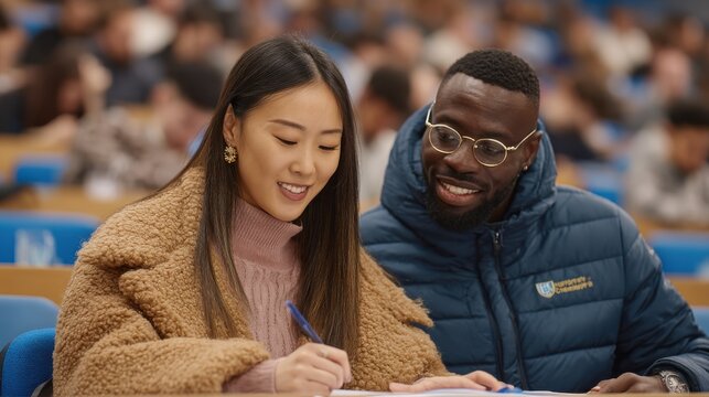 Student collaboration in lecture hall university campus educational focus interactive learning environment engaged viewpoint