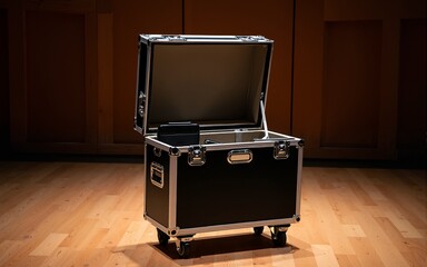 Wardrobe trunks for storing concert equipment. Closed boxes with concert equipment. Boxes with equipment on stage of concert hall.Organization of concerts. Boxes for transporting musical instruments