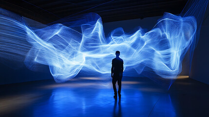 A man stands in front of a blue wave. The wave is made of light and is very large