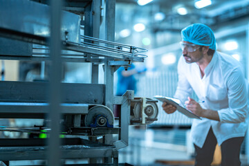 Fototapeta premium A male factory worker in a hairnet and safety glasses operates a machine. He is pushing a button on a control panel in a modern food processing plant.