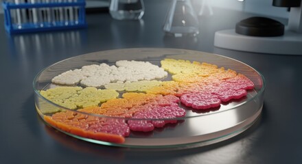 Petri dish with colorful bacterial colonies in a lab